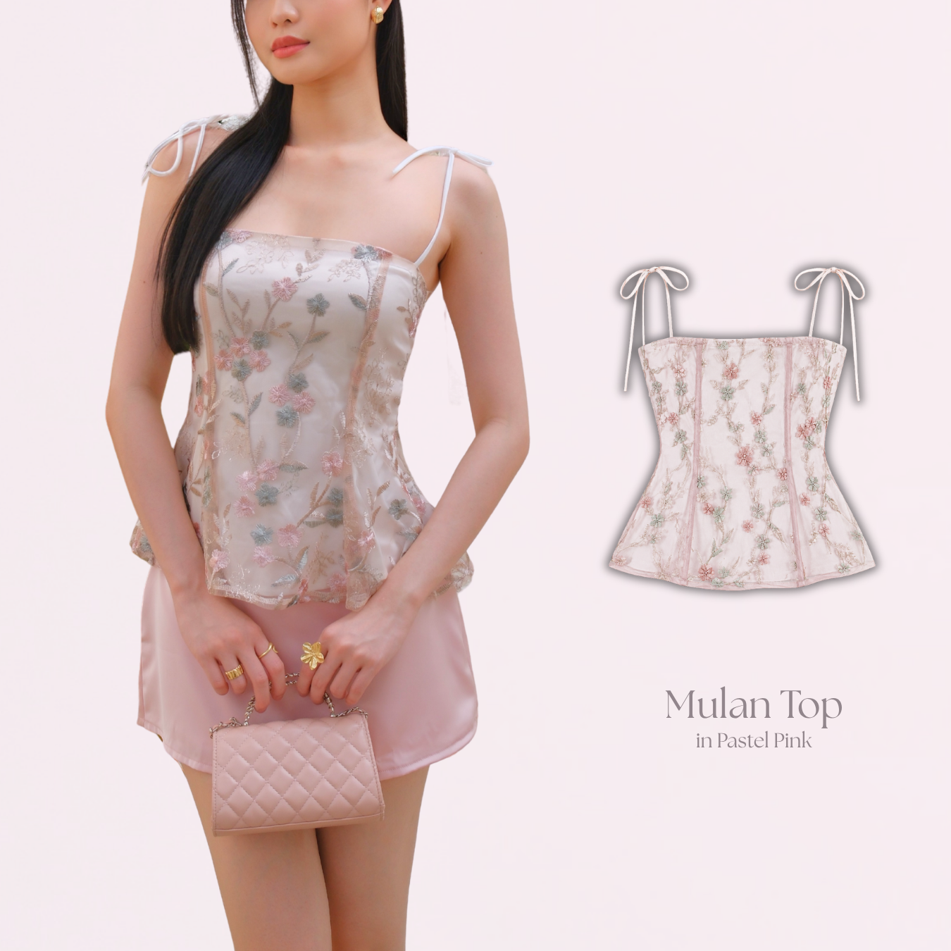Shewearssugar – Mulan Top | Peplum Tulle Bordir Adjustable Strap Wanita