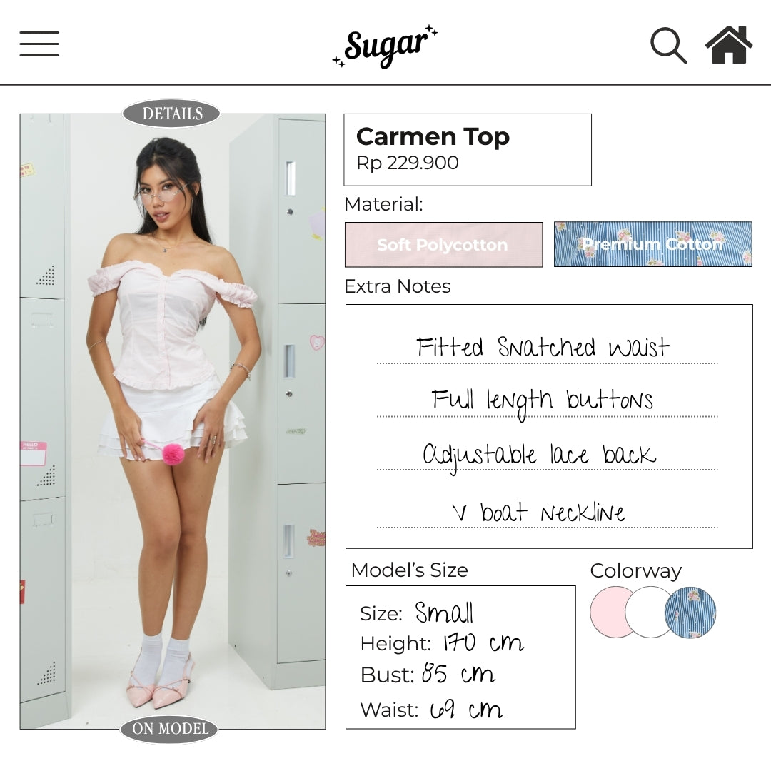 SHEWEARSSUGAR X VARREL RIEVERA — Carmen Top | Fitted Shirt | Casual Bali | V Neck Adjustable Back | Coquette