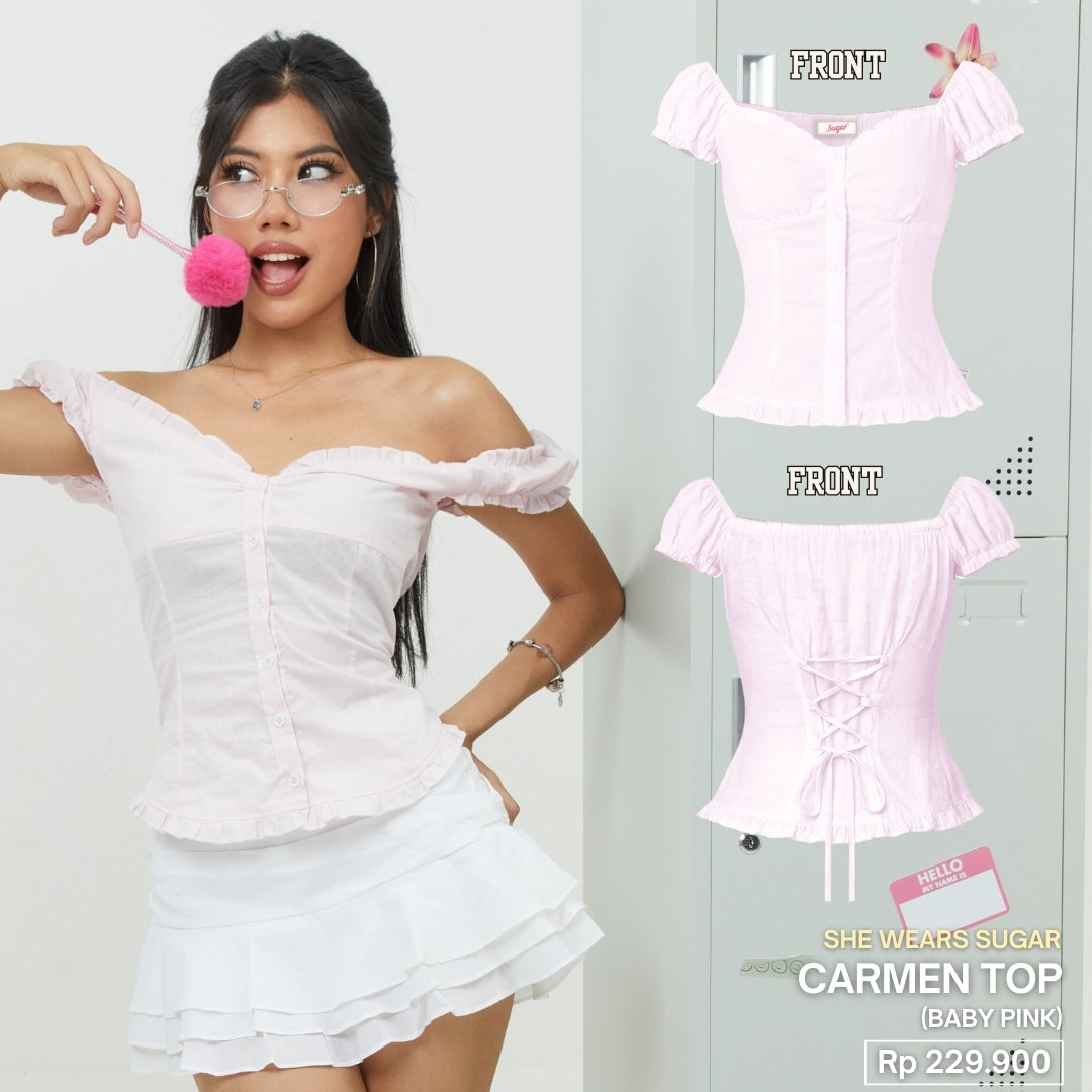 SHEWEARSSUGAR X VARREL RIEVERA — Carmen Top | Fitted Shirt | Casual Bali | V Neck Adjustable Back | Coquette