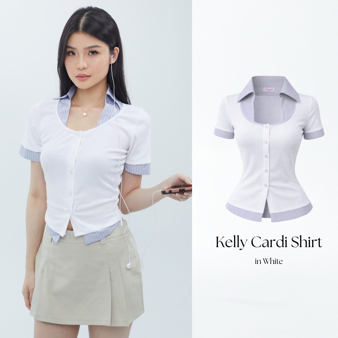 She Wears Sugar – Kelly Cardigan Shirt | Shirt Wanita Kemeja Atasan Wanita Korean Style Outfit Kampus Baju Fit Body