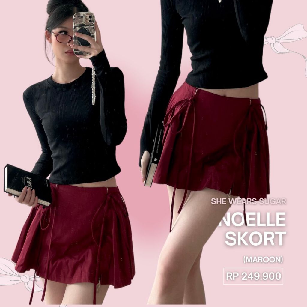 SHEWEARSSUGAR Noelle Ribbon Skort | Rok Wanita | Rok Pendek | Rok Casual | Rok Tenis | Valentine Outfit | Rok Hitam | Rok Pink | Rok Lucu | Korean Skirt | Valenting Outfit
