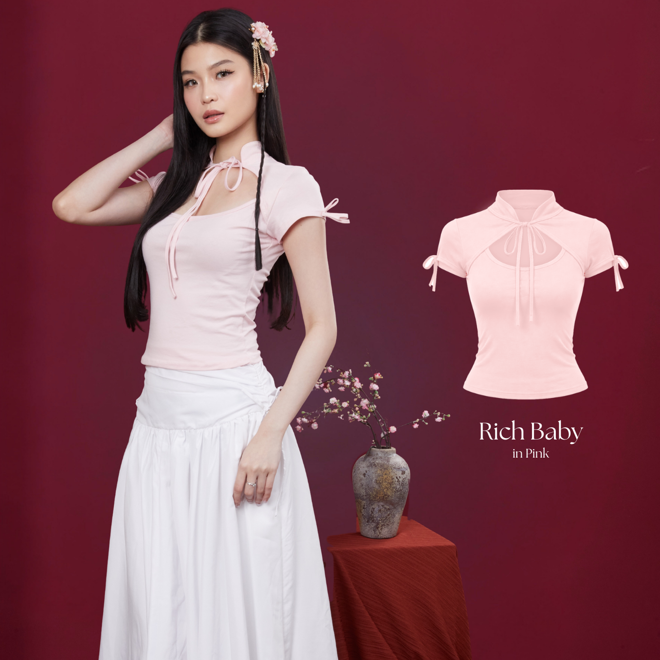 She Wears Sugar – Rich Baby Top | Wanita Spandex Cotton Fitted Short Sleeve Ribbon Front