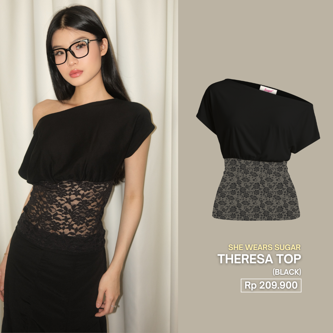 Shewearssugar -- Theresa Fitted Lace Top | Bailey | Off Shoulder | Top Wanita | Fitted Tee