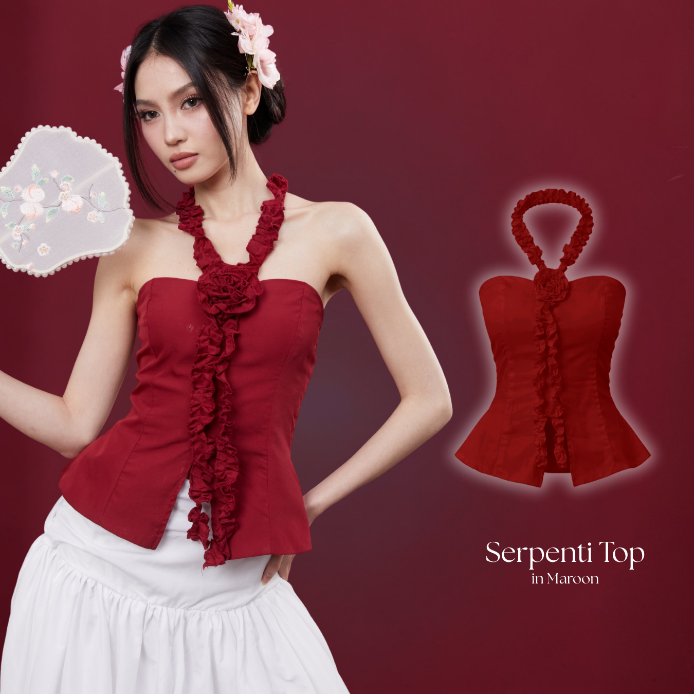 Shewearssugar – Serpenti Top | Wanita Peplum Premium Poplin Cotton Halter Neck Ruffle