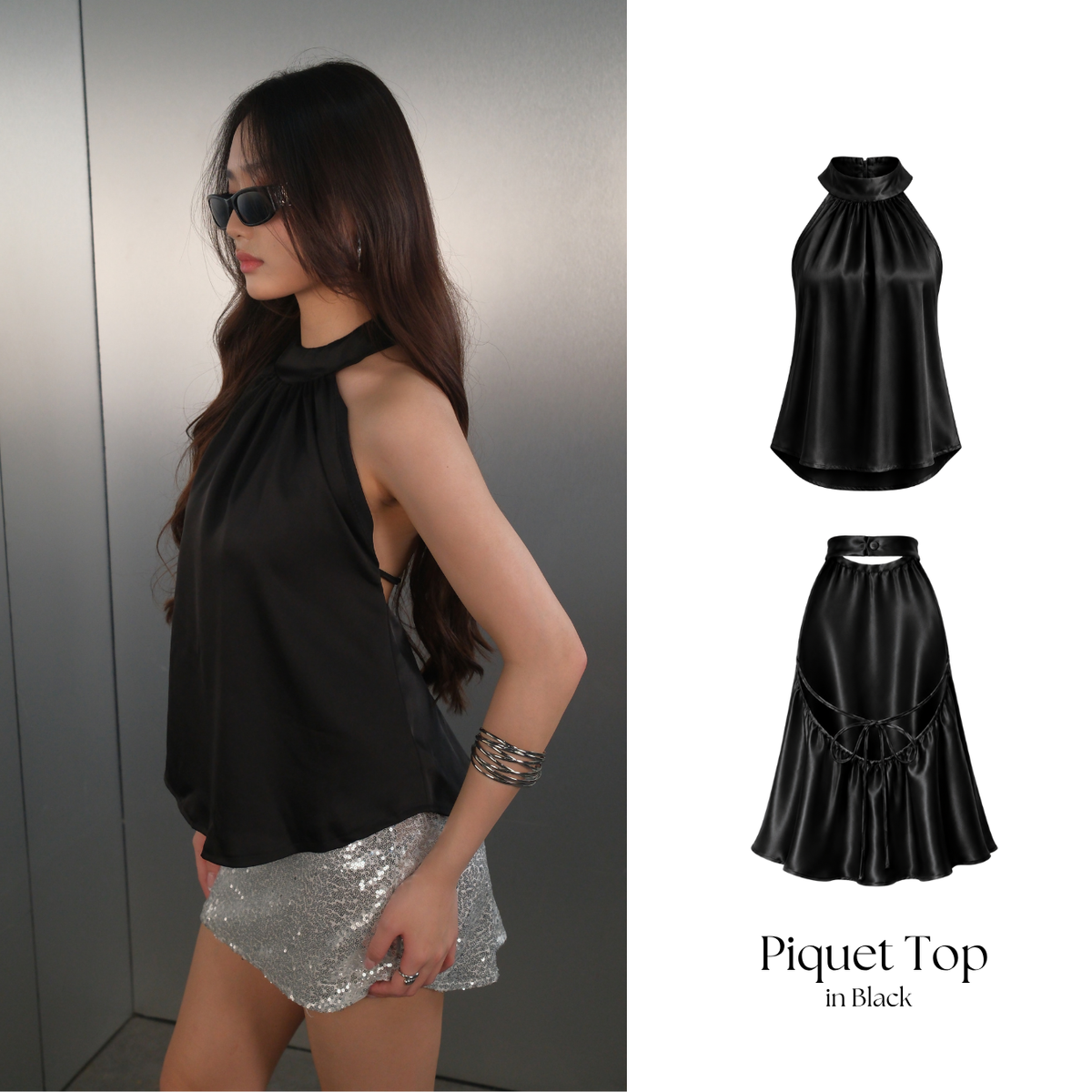 She Wears Sugar – Piquet Top | Halter Neck Top Wanita Atasan Wanita Satin Korean Style Old Money Summer Bali Outfit Y2K Top