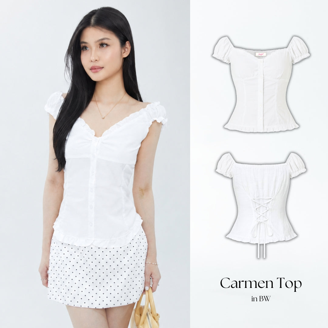 She Wears Sugar x Varrel Rievera – Carmen Top | Fitted Shirt Babydoll Blouse Atasan Wanita Korean Style Baju Atasan Wanita Terbaru Coquette Outfit