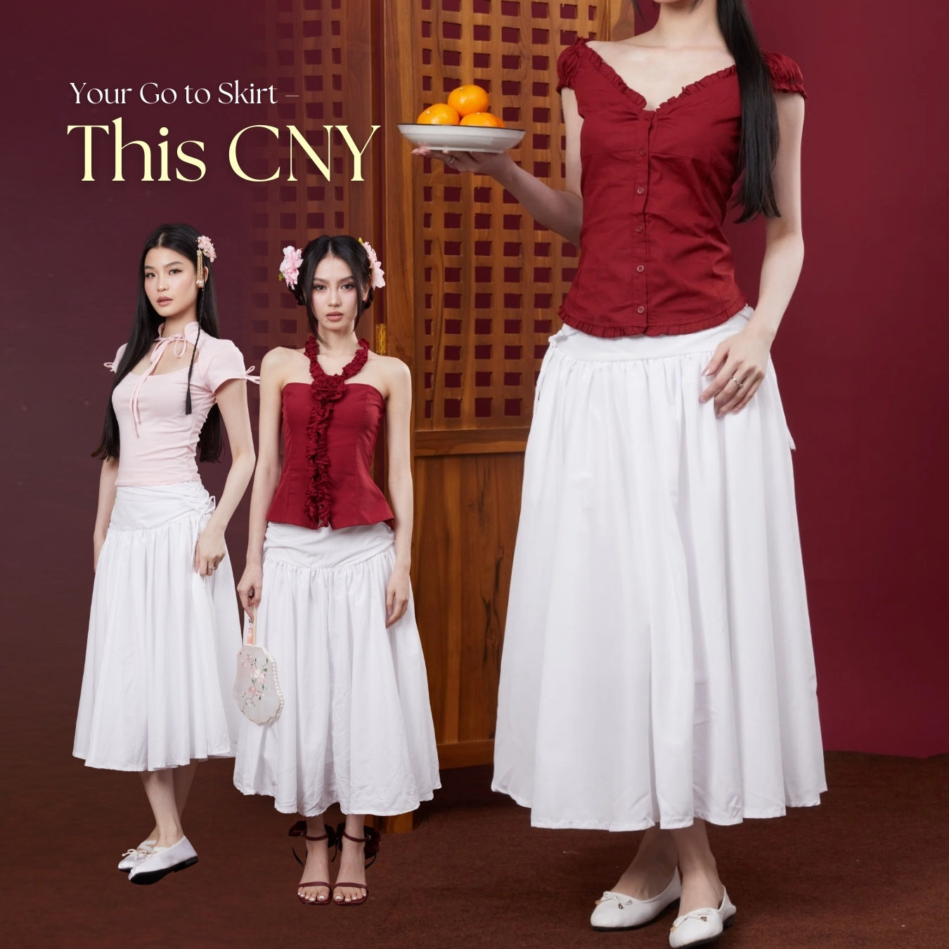 She Wears Sugar – Scarlett Skirt | Wanita Midi Ruffle Skirt Polycotton Side Ribbon