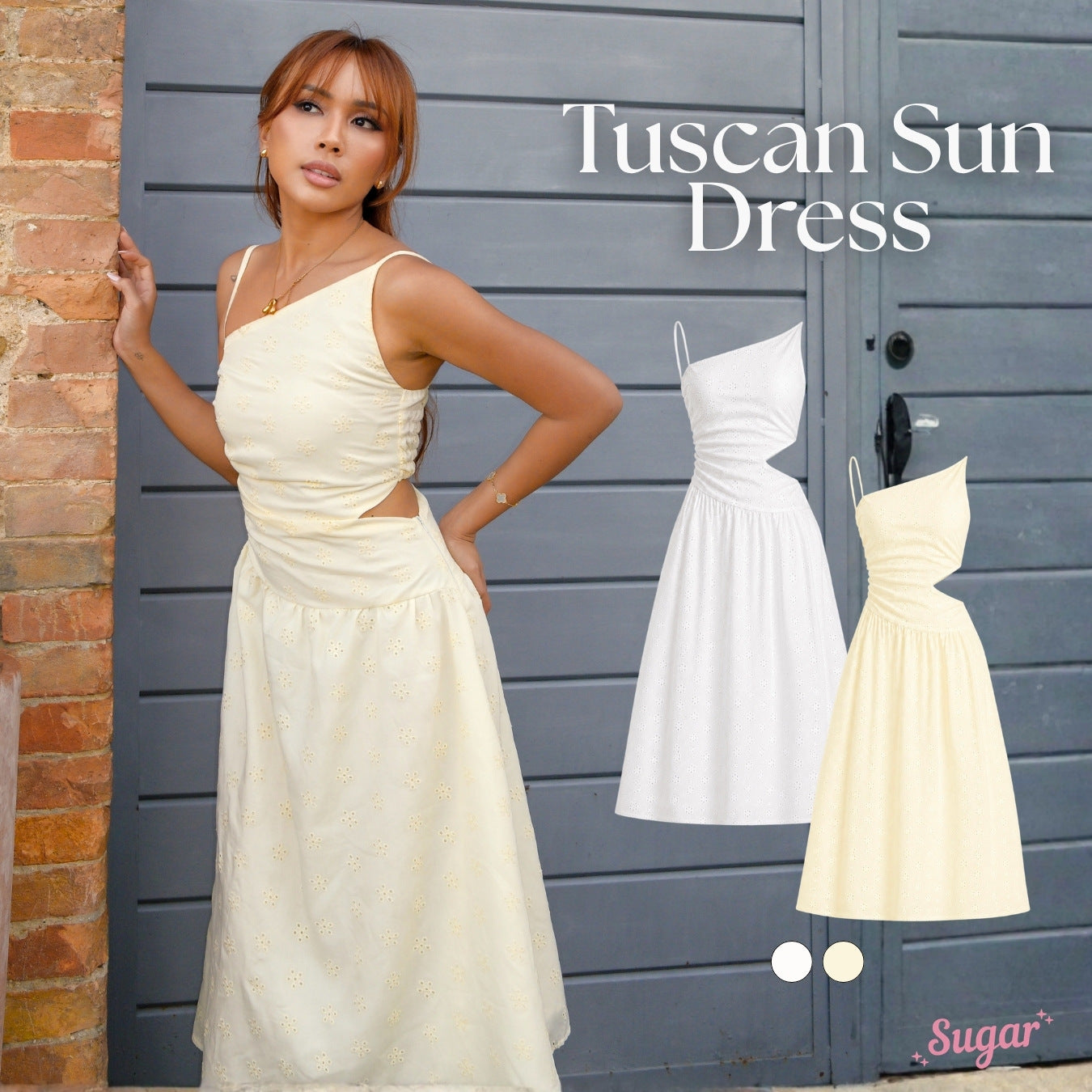 She Wears Sugar – Tuscan Sun Maxi Dress | One Shoulder Maxi Dress Eyelet Summer Bali Outfit Resort Wear