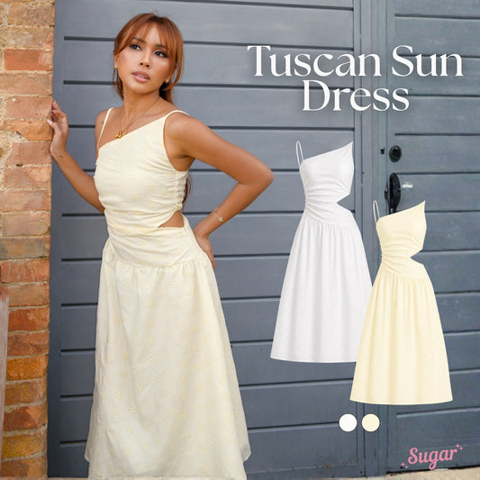 She Wears Sugar – Tuscan Sun Maxi Dress | One Shoulder Maxi Dress Eyelet Summer Bali Outfit Resort Wear