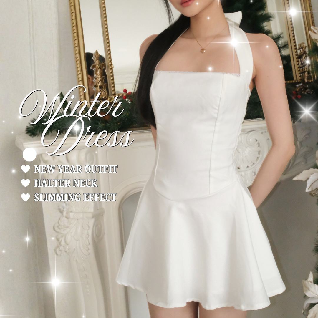 SHEWEARSSUGAR -- Winter Dress – Halter Mini Dress Wanita | Backless Party Dress | Christmas & Dinner Outfit | Coquette | Outfit Formal