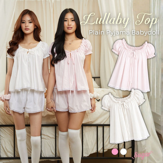 She Wears Sugar — Lullaby Baby Doll Plain Pyjama Top | Atasan Piyama Wanita Katun Polos Renda Lengan Puff Baju Tidur
