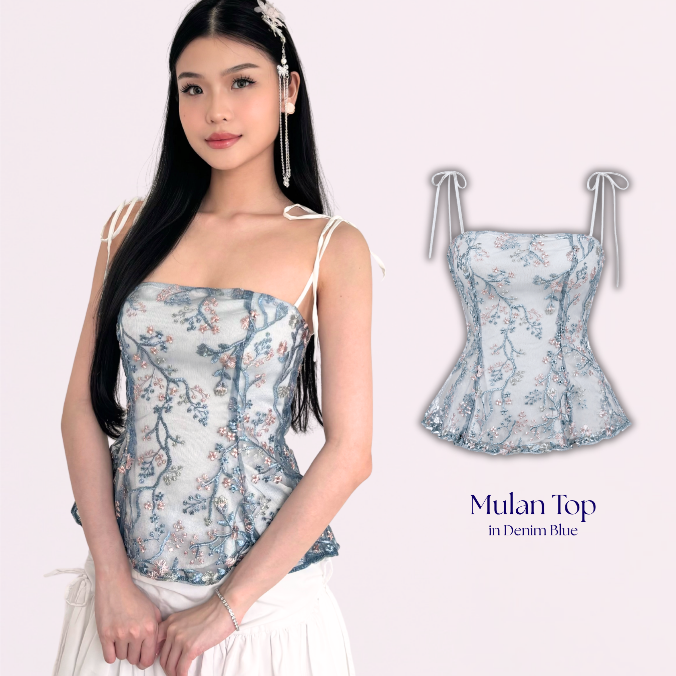 Shewearssugar – Mulan Top | Peplum Tulle Bordir Adjustable Strap Wanita
