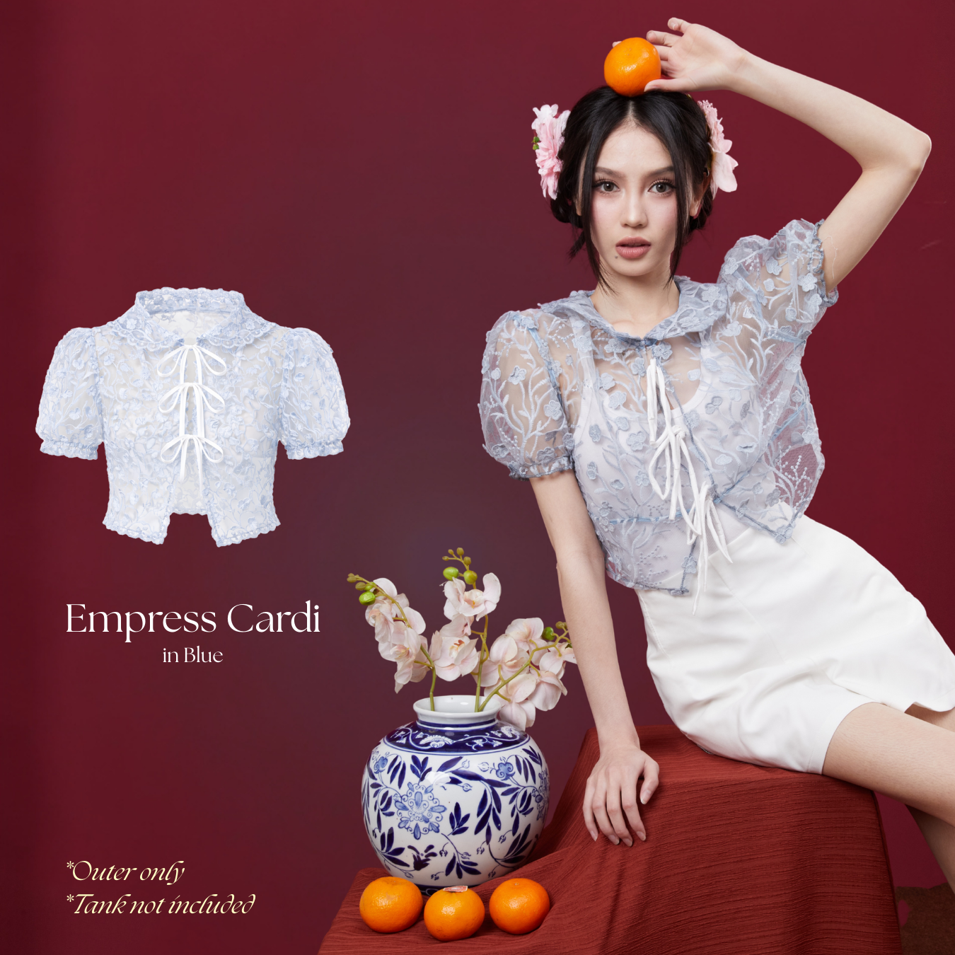 She Wears Sugar – Empress Cardigan | Top Wanita Tulle Bordir Puff Sleeve Loose Fit Ribbon Detail
