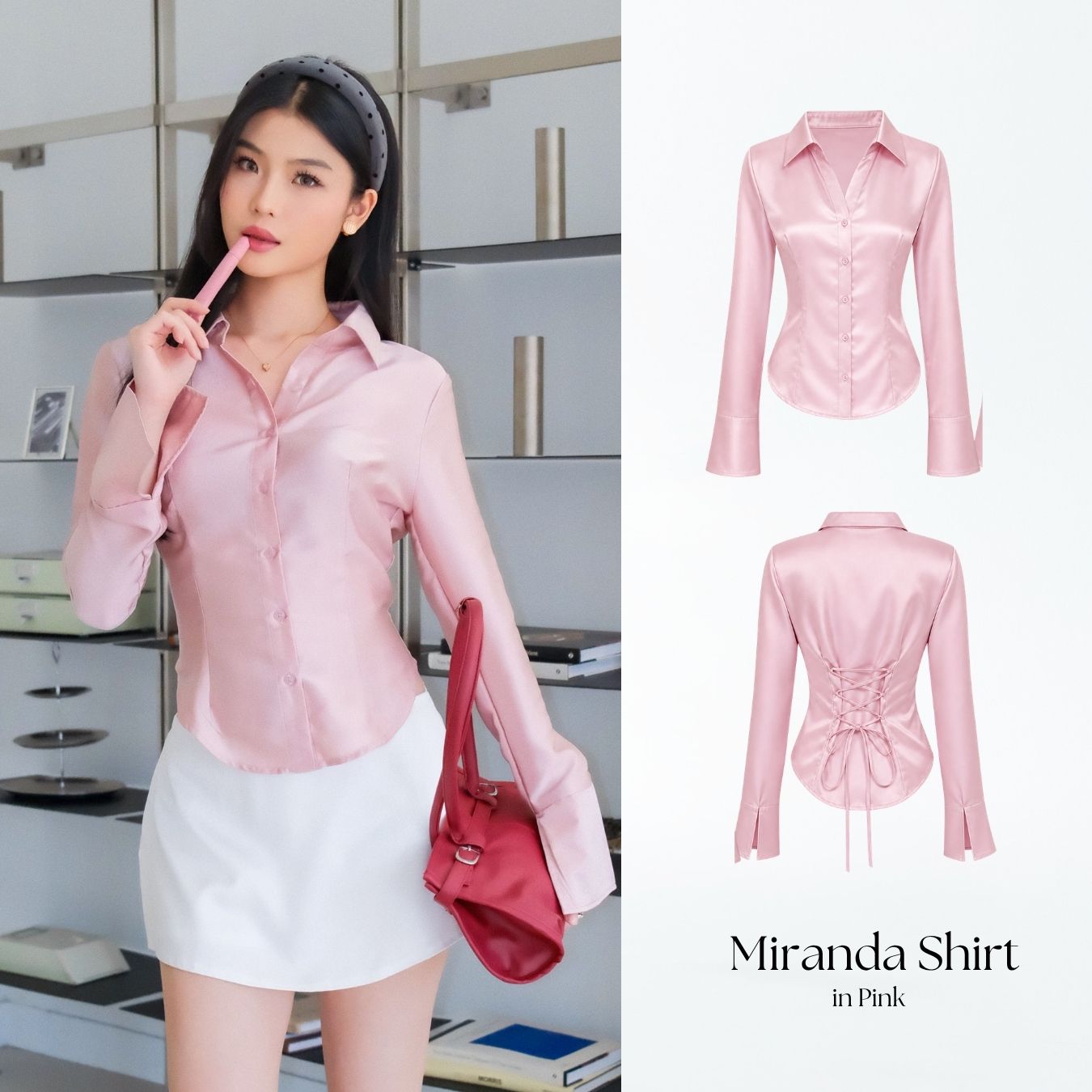 She Wears Sugar – Miranda Shirt | Kemeja Wanita Fitted Shirt Satin Atasan Wanita Korean Style Baju Atasan Wanita Terbaru Fit Body