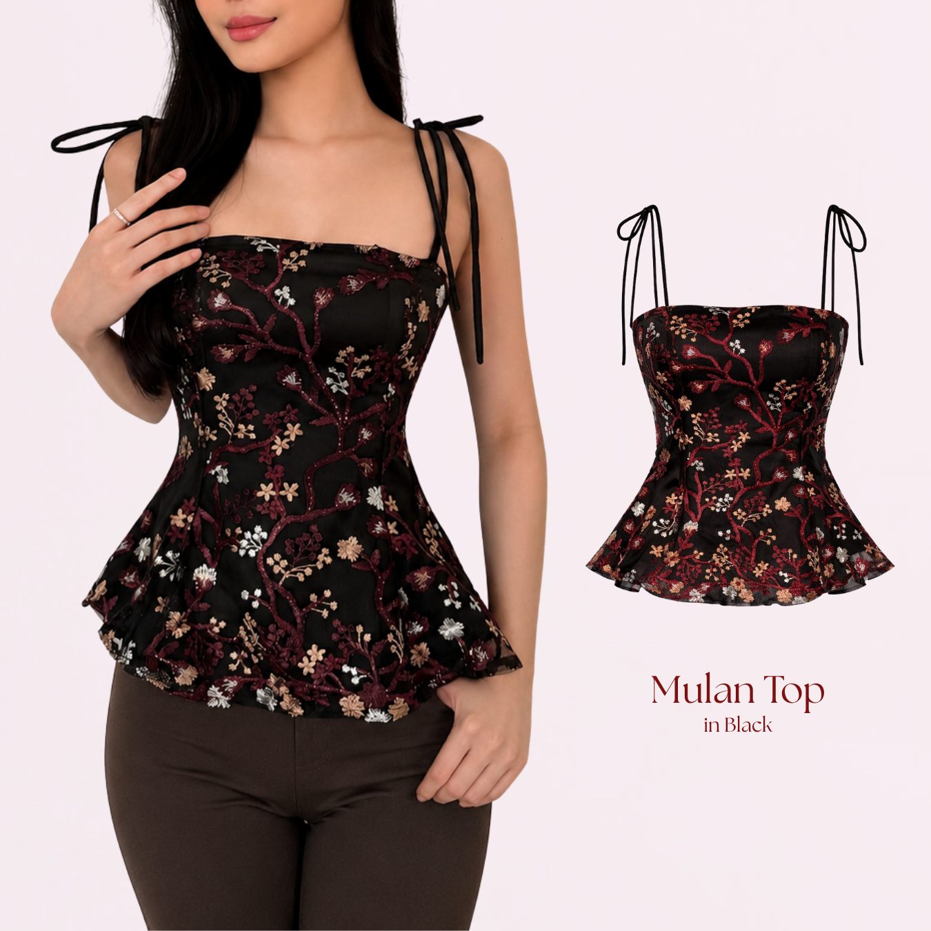 Shewearssugar – Mulan Top | Peplum Tulle Bordir Adjustable Strap Wanita