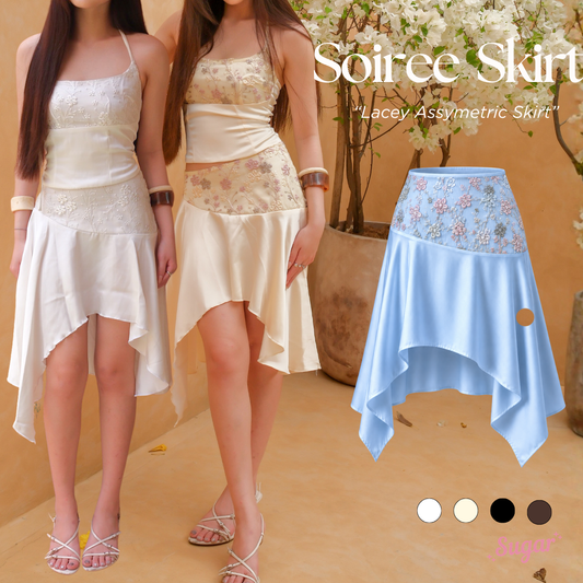 She Wears Sugar – Soiree Assymetric Skirt | Satin Skirt Asymmetrical Lace Detail Korean Style Coquette Outfit Rok