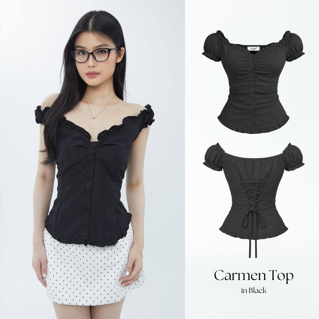 She Wears Sugar x Varrel Rievera – Carmen Top | Fitted Shirt Babydoll Blouse Atasan Wanita Korean Style Baju Atasan Wanita Terbaru Coquette Outfit