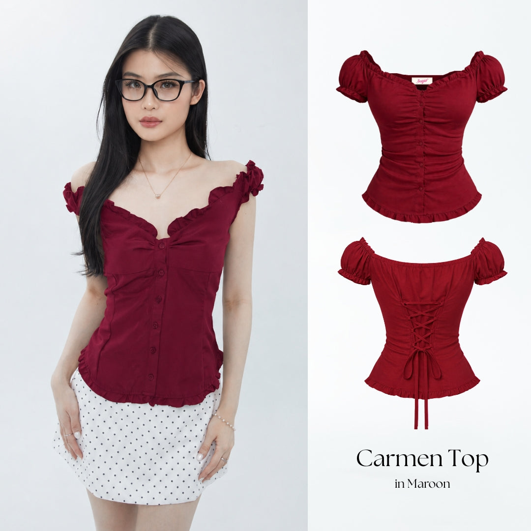 She Wears Sugar x Varrel Rievera – Carmen Top | Fitted Shirt Babydoll Blouse Atasan Wanita Korean Style Baju Atasan Wanita Terbaru Coquette Outfit