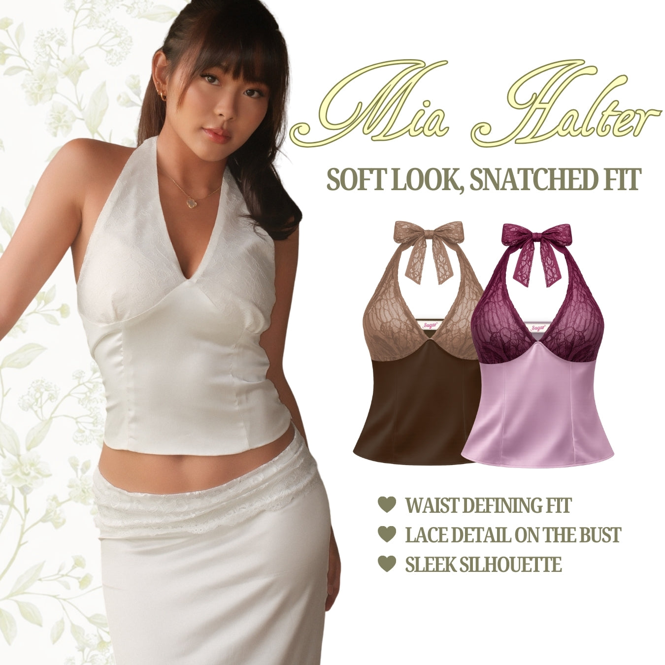 She Wears Sugar x Isabella – Mia Halter Top | Halter Top Wanita Satin Lace Baju Fit Body Atasan Cewe