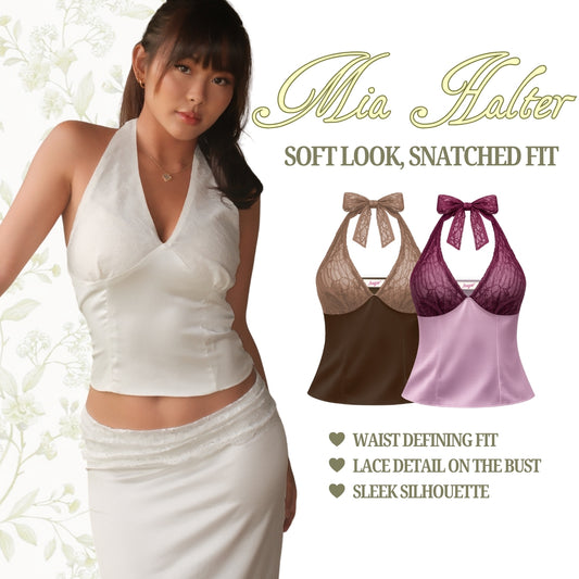 She Wears Sugar x Isabella – Mia Halter Top | Halter Top Wanita Satin Lace Baju Fit Body Atasan Cewe
