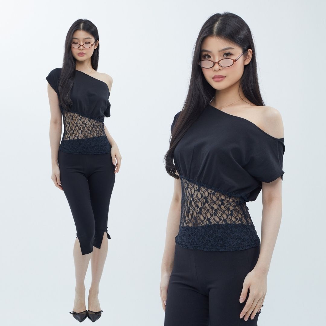 She Wears Sugar – Theresa Fitted Lace Top | Baju Atasan Wanita Terbaru Off Shoulder Top Fitted Tee Coquette Lace Top Korean Style