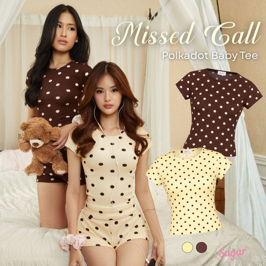 She Wears Sugar — Missed Call Tee | Atasan Piyama Wanita Baby Tee Polkadot Baju Tidur Kaos Wanita Fitted Sleepwear