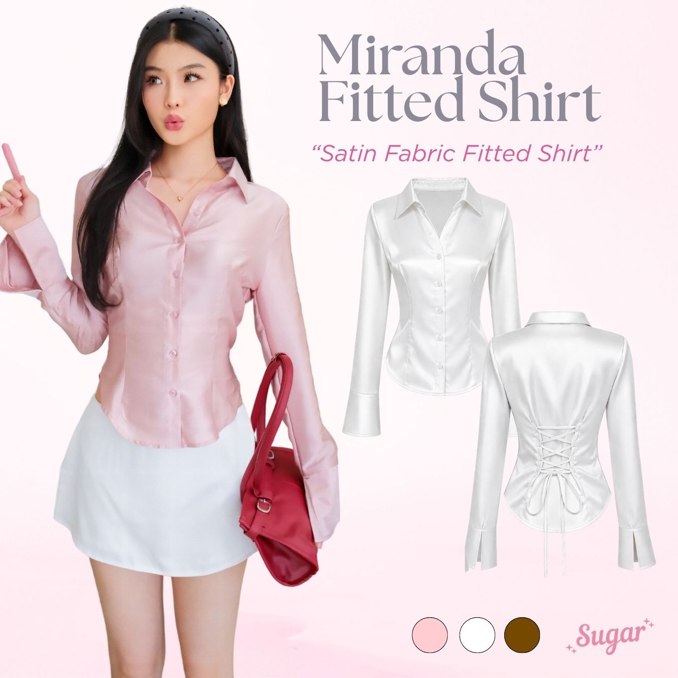 She Wears Sugar – Miranda Shirt | Kemeja Wanita Fitted Shirt Satin Atasan Wanita Korean Style Baju Atasan Wanita Terbaru Fit Body