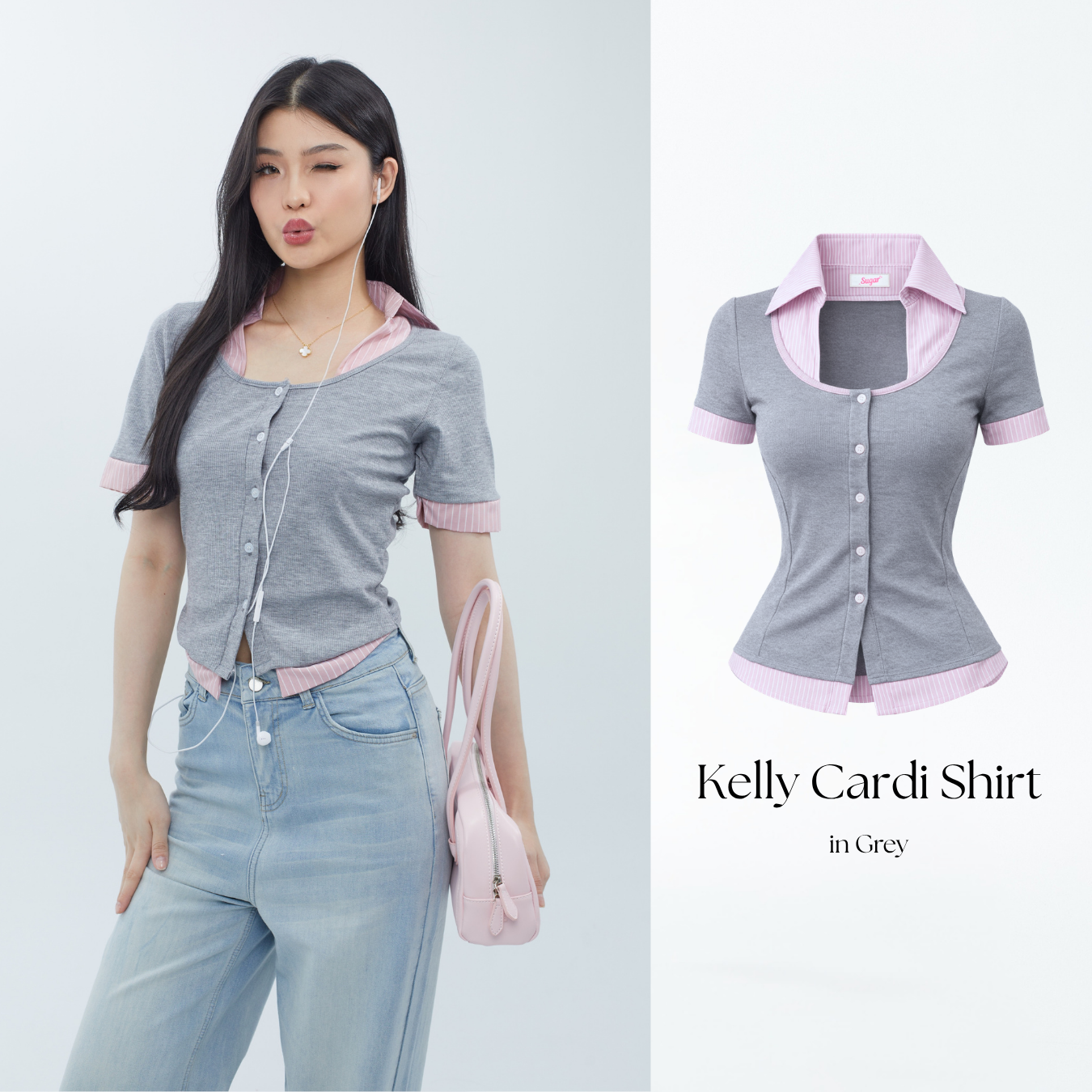 She Wears Sugar – Kelly Cardigan Shirt | Shirt Wanita Kemeja Atasan Wanita Korean Style Outfit Kampus Baju Fit Body