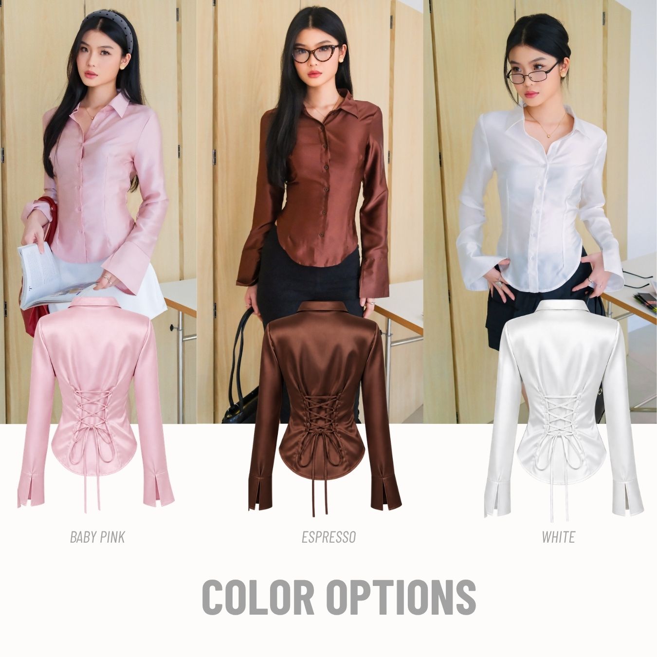 She Wears Sugar – Miranda Shirt | Kemeja Wanita Fitted Shirt Satin Atasan Wanita Korean Style Baju Atasan Wanita Terbaru Fit Body