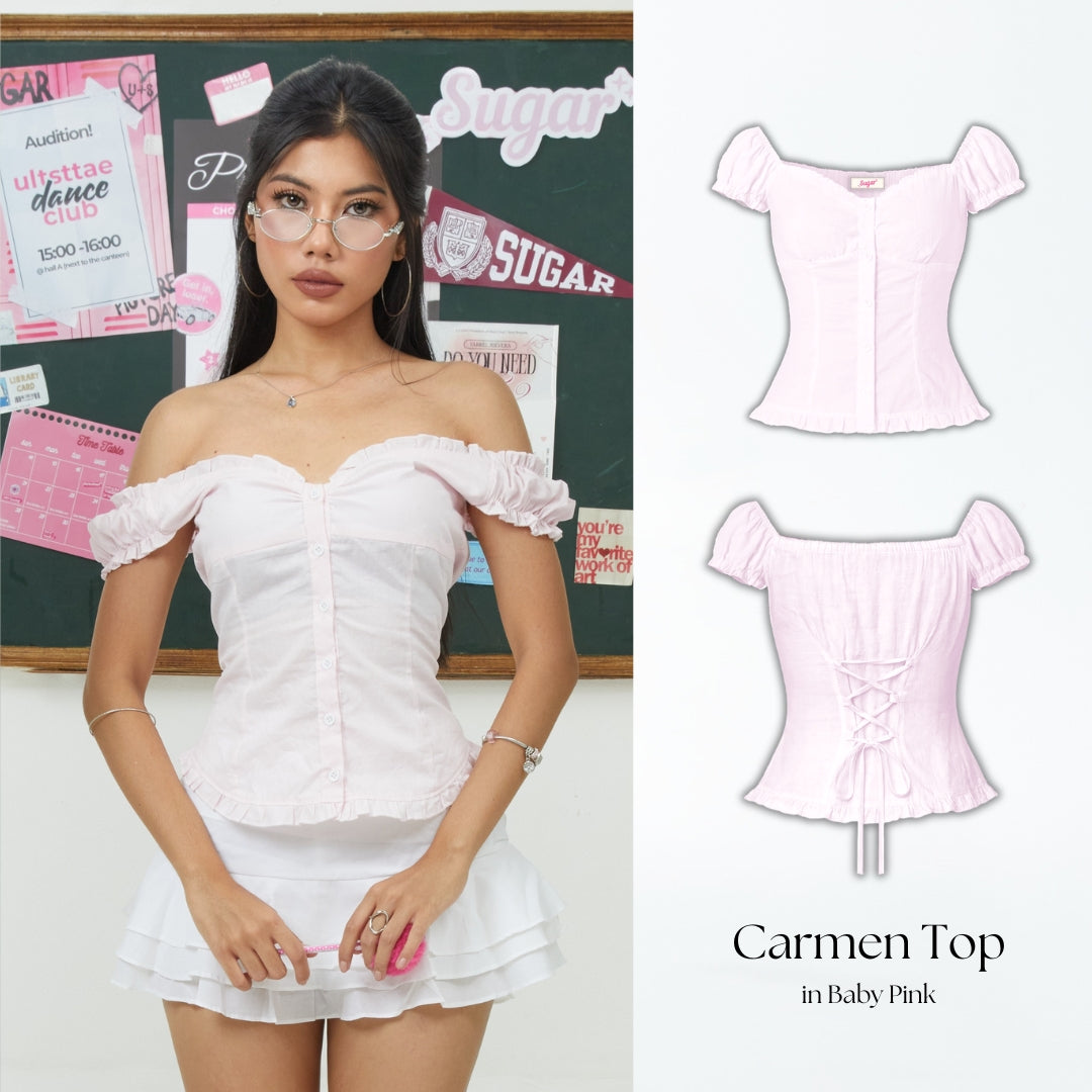 She Wears Sugar x Varrel Rievera – Carmen Top | Fitted Shirt Babydoll Blouse Atasan Wanita Korean Style Baju Atasan Wanita Terbaru Coquette Outfit