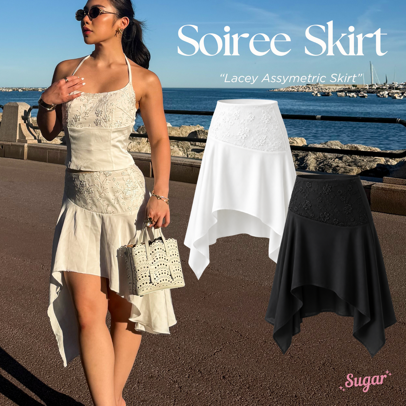 She Wears Sugar – Soiree Assymetric Skirt | Satin Skirt Asymmetrical Lace Detail Korean Style Coquette Outfit Rok
