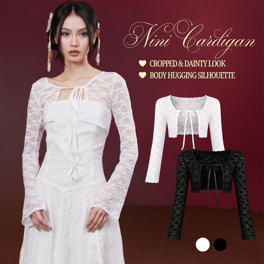 She Wears Sugar – Nini Cardigan | Wanita Stretch Lace Fitted Short Cardigan Bell Sleeve Adjustable Tie