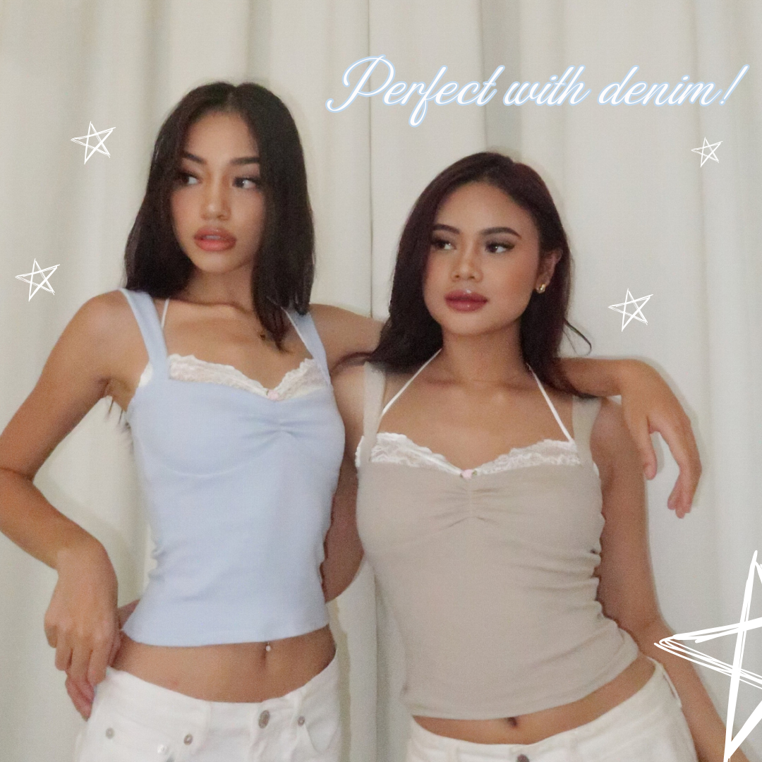 She Wears Sugar – Blair Lace Halter Neck Tank Top | Tank Top Wanita Halter Neck Lace Knit Y2K Top Atasan Wanita Fit Body Korean Style