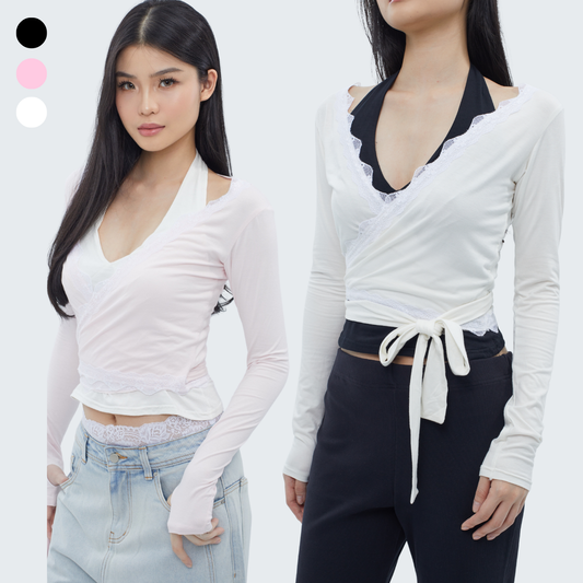 She Wears Sugar – Catherine Wrap Top | Atasan Wanita Long Sleeve Wrap Top Coquette Lace Top Baju Atasan Wanita Terbaru Korean Style Fit Body