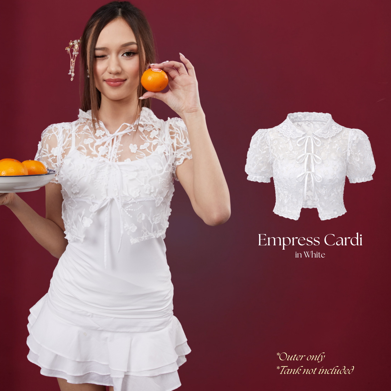 She Wears Sugar – Empress Cardigan | Top Wanita Tulle Bordir Puff Sleeve Loose Fit Ribbon Detail