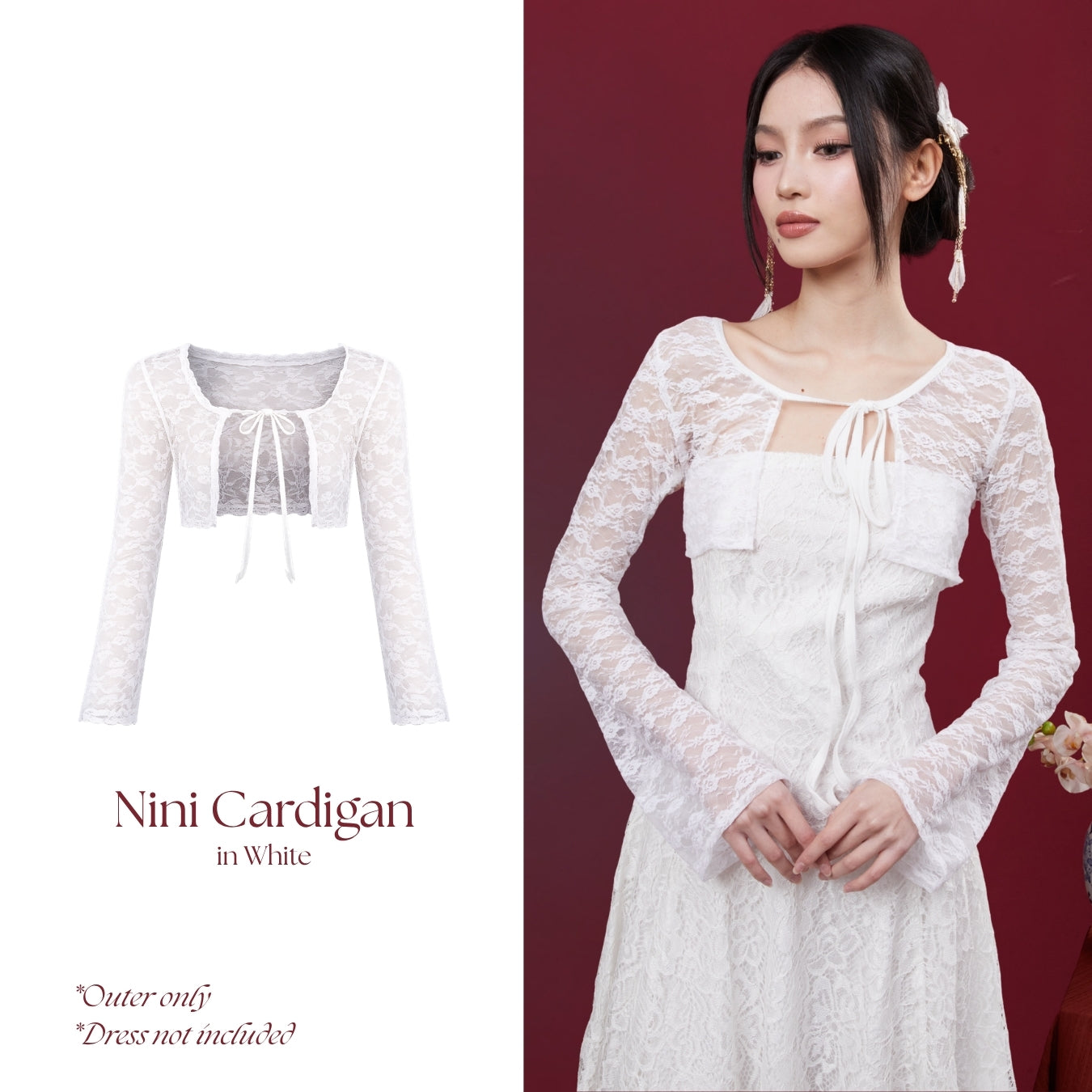 She Wears Sugar – Nini Cardigan | Wanita Stretch Lace Fitted Short Cardigan Bell Sleeve Adjustable Tie