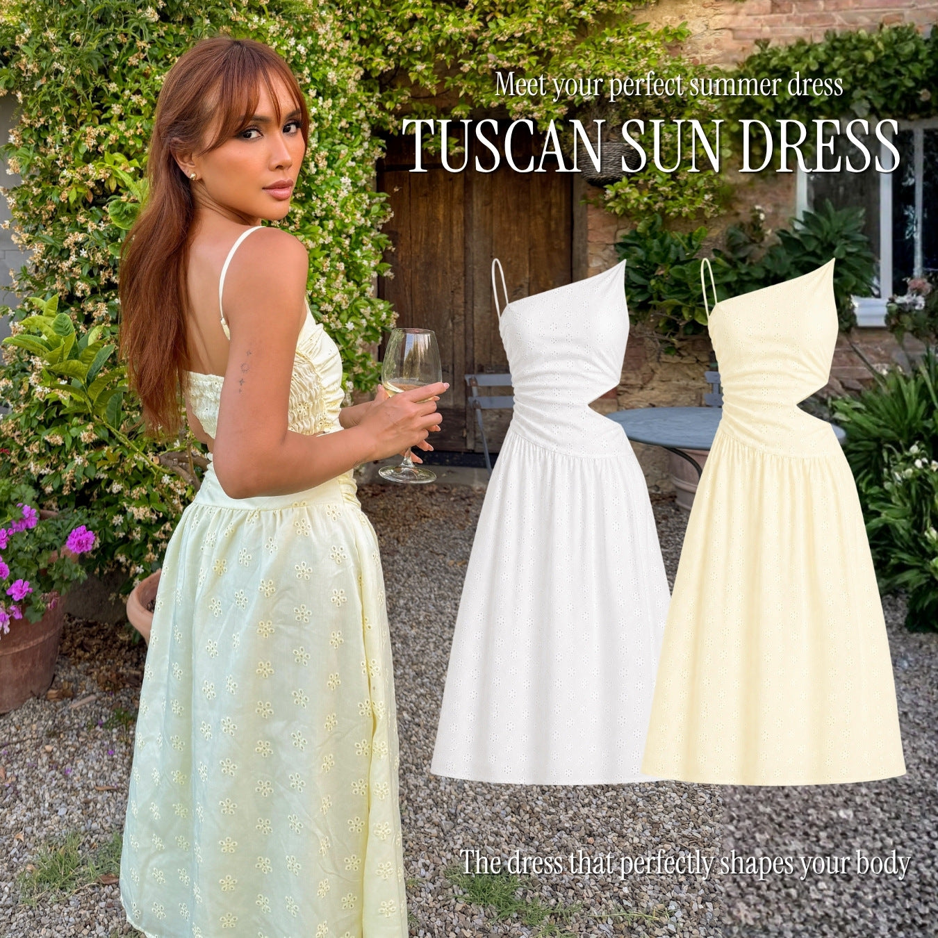 She Wears Sugar – Tuscan Sun Maxi Dress | One Shoulder Maxi Dress Eyelet Summer Bali Outfit Resort Wear