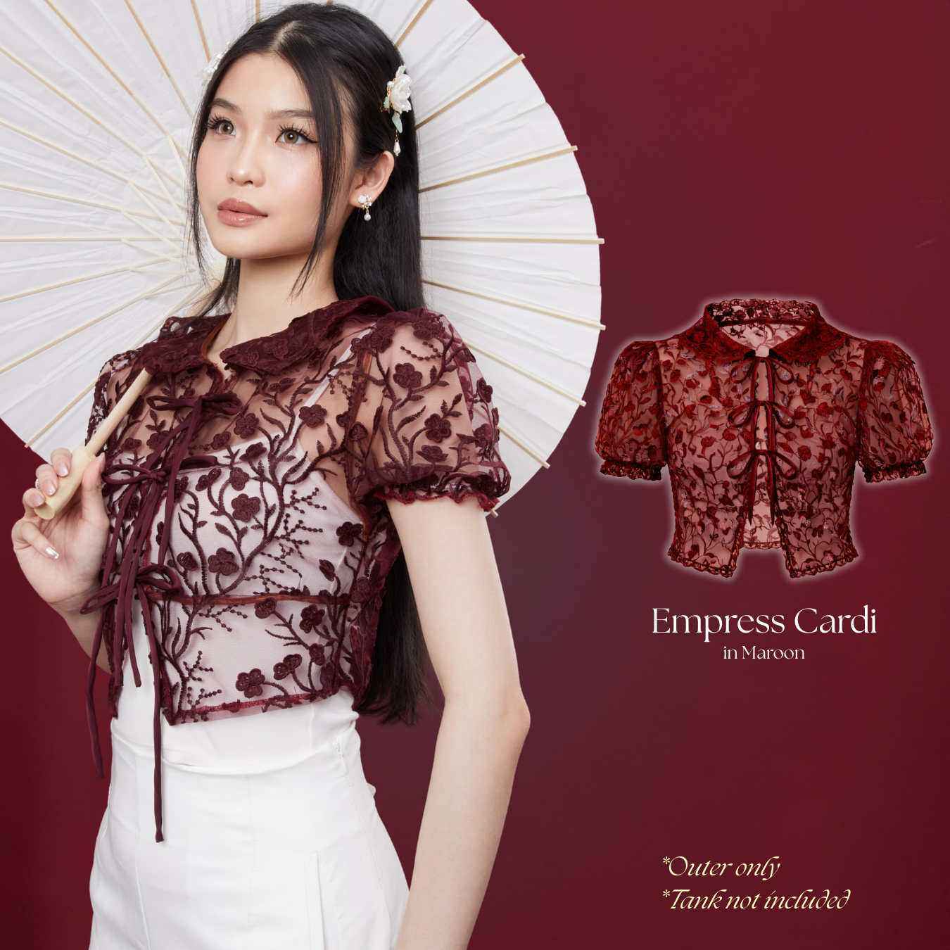 She Wears Sugar – Empress Cardigan | Top Wanita Tulle Bordir Puff Sleeve Loose Fit Ribbon Detail