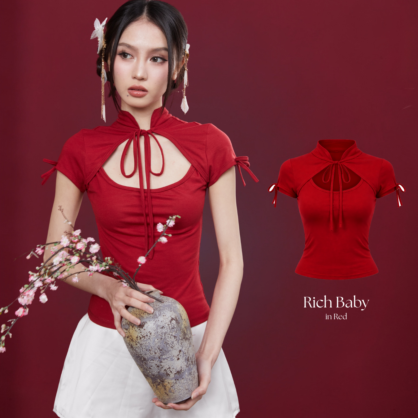 She Wears Sugar – Rich Baby Top | Wanita Spandex Cotton Fitted Short Sleeve Ribbon Front