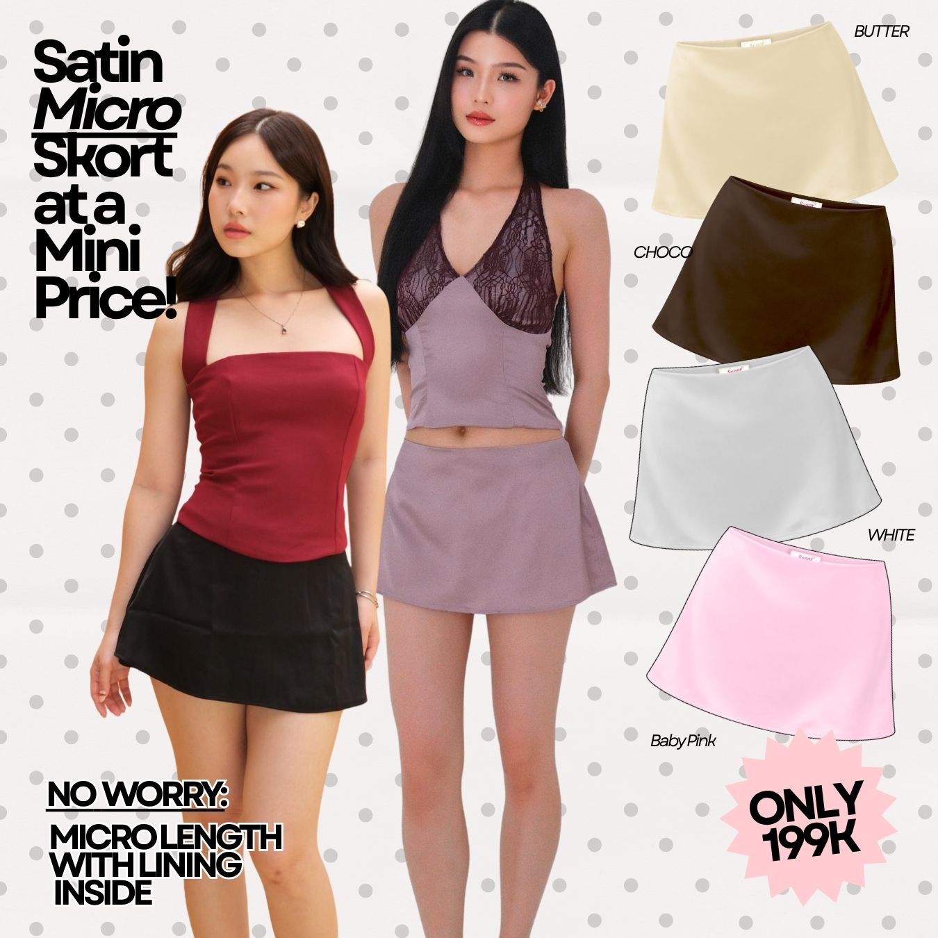 She Wears Sugar x Isabella – Posie Micro Skort | Skort Wanita Low Waist Mini Rok Celana Y2K Outfit Fit Body