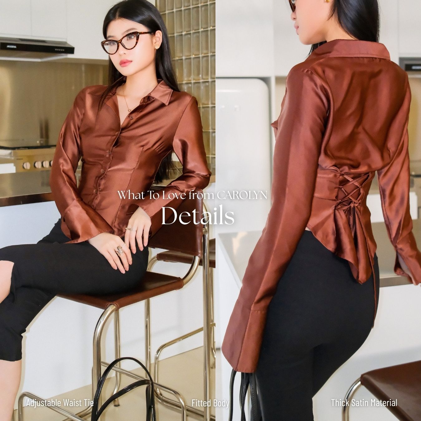 She Wears Sugar – Miranda Shirt | Kemeja Wanita Fitted Shirt Satin Atasan Wanita Korean Style Baju Atasan Wanita Terbaru Fit Body