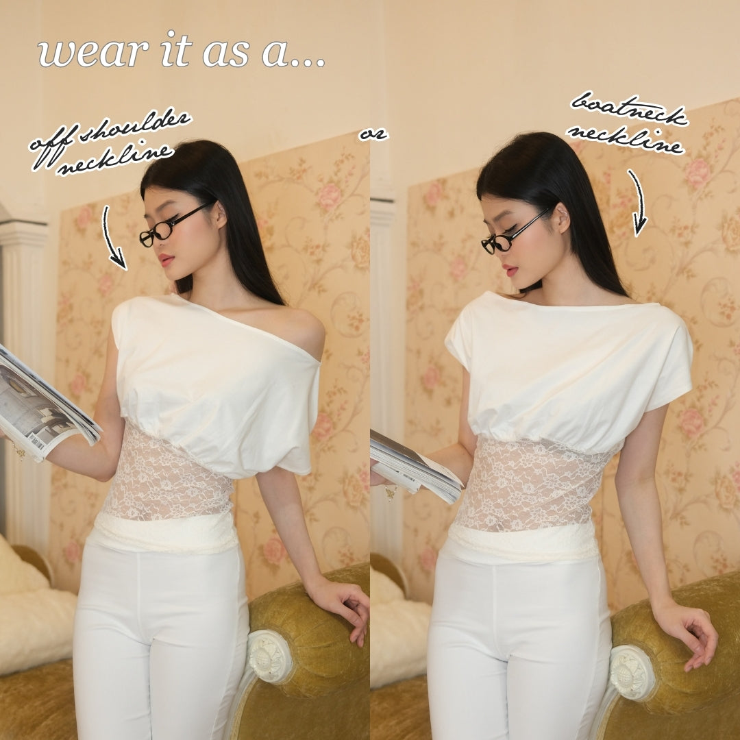 Shewearssugar -- Theresa Fitted Lace Top | Bailey | Off Shoulder | Top Wanita | Fitted Tee