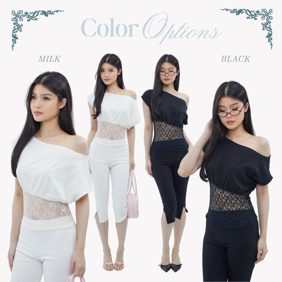 She Wears Sugar – Theresa Fitted Lace Top | Baju Atasan Wanita Terbaru Off Shoulder Top Fitted Tee Coquette Lace Top Korean Style