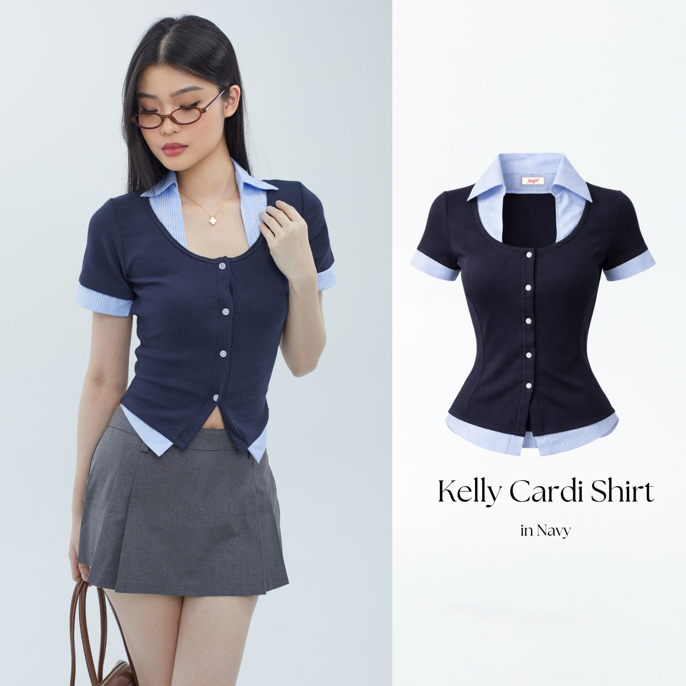 She Wears Sugar – Kelly Cardigan Shirt | Shirt Wanita Kemeja Atasan Wanita Korean Style Outfit Kampus Baju Fit Body