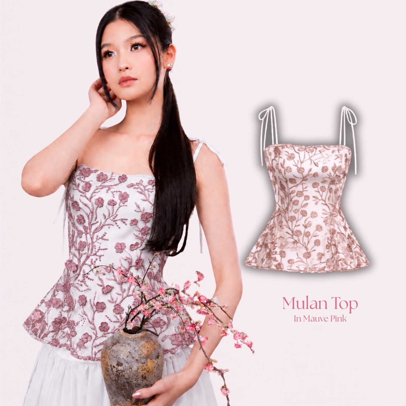 Shewearssugar – Mulan Top | Peplum Tulle Bordir Adjustable Strap Wanita