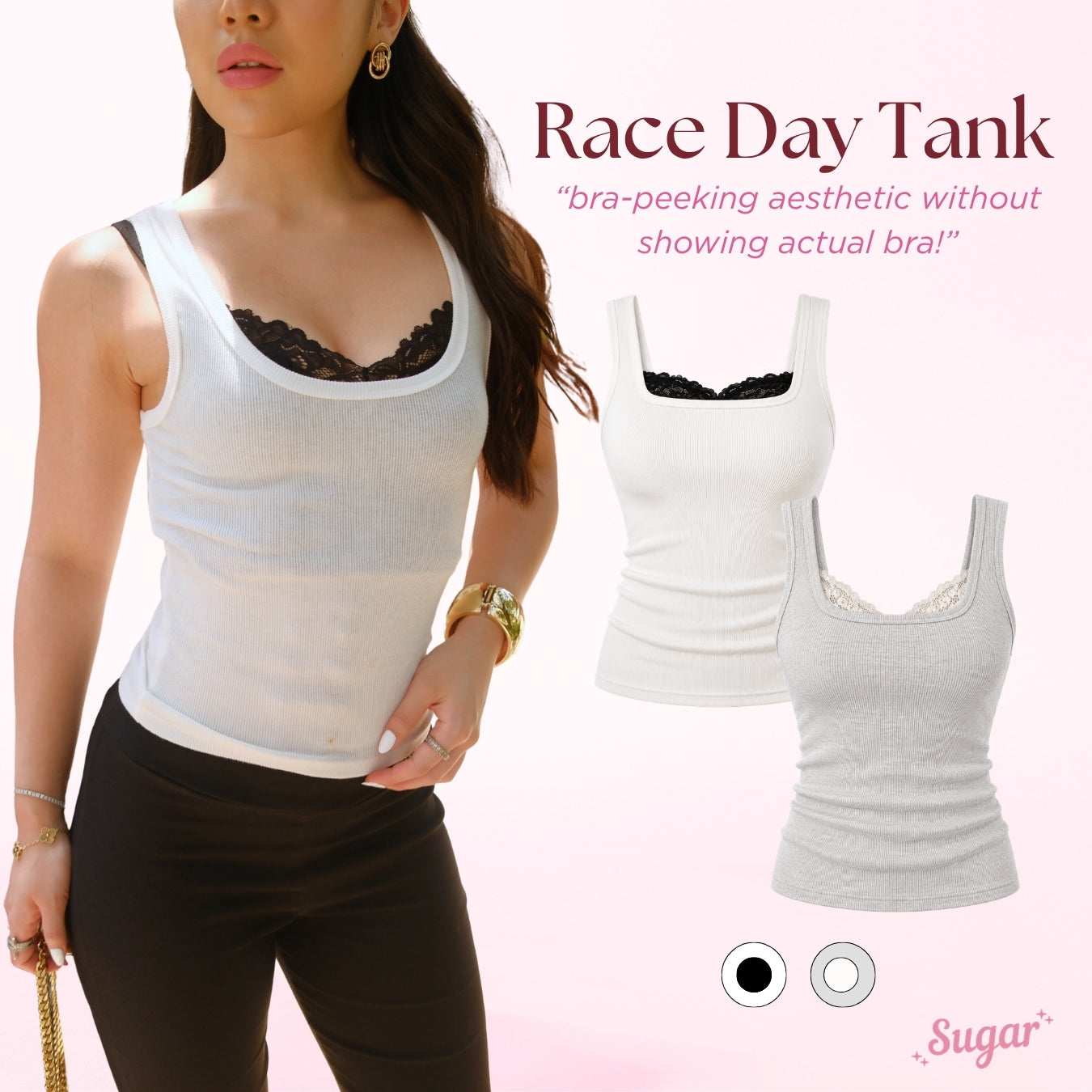 She Wears Sugar – Race Day Tank | Tank Top Wanita Set Inner Lace Tank Top Wanita Atasan Cewe Korean Style Fit Body Y2K Top Outfit