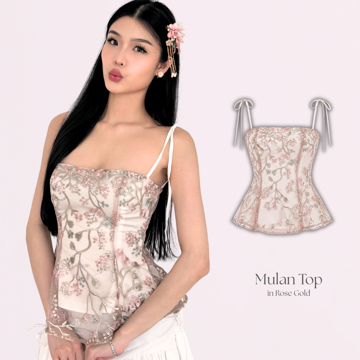 She Wears Sugar — Mulan Top | Tank Top Wanita Peplum Bordir Bunga Tulle Transparan Atasan Korea Coquette Outfit Kondangan Brunch