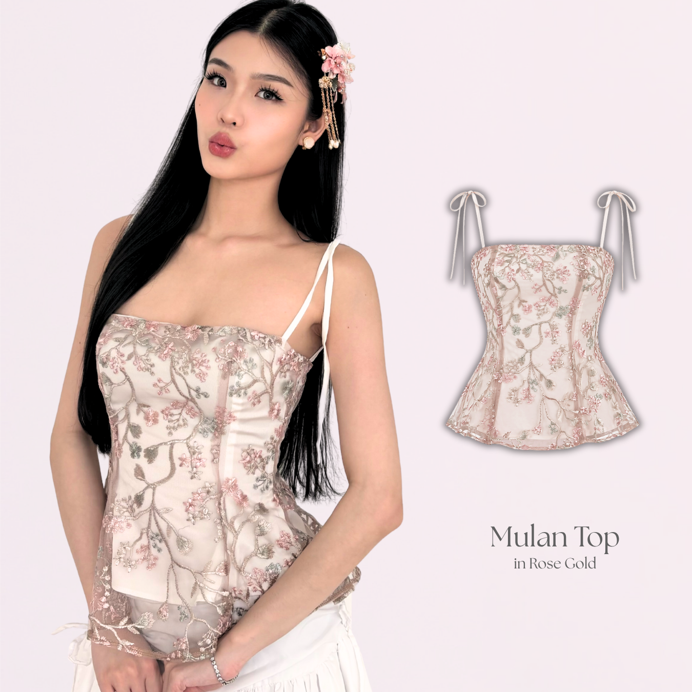 Shewearssugar – Mulan Top | Peplum Tulle Bordir Adjustable Strap Wanita
