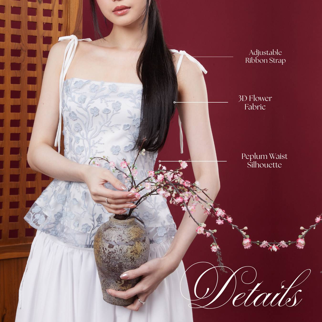 Shewearssugar – Mulan Top | Peplum Tulle Bordir Adjustable Strap Wanita