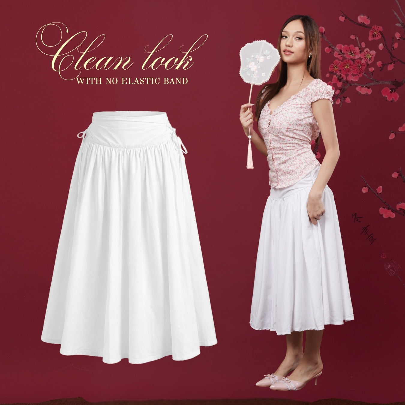She Wears Sugar – Scarlett Skirt | Wanita Midi Ruffle Skirt Polycotton Side Ribbon